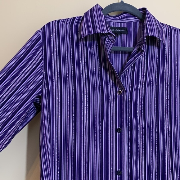 Lilly Collection | Purple Striped Button Down Metallic Thread Shirt Dress NWT S - Picture 11 of 17